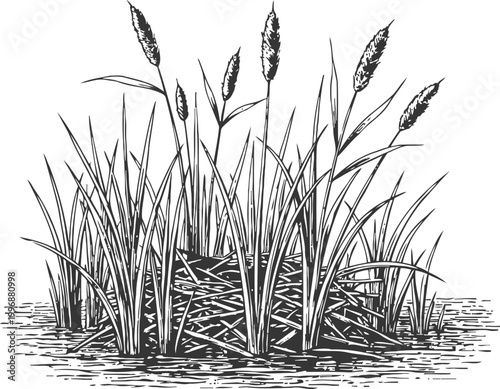 marsh reeds and cattails with bird nest habitat in wetland natural environment illustration