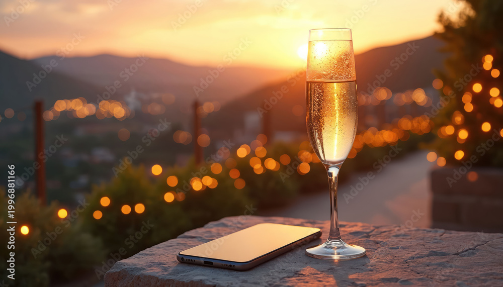 Naklejka premium Glass of champagne sits on stone table next to phone. Warm sunset lights illuminate background hills and blurred city lights. Evening relaxation on terrace.