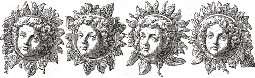 Four vintage sun faces with ornamental rays in classic artistic engraving