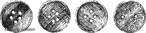 set of four vintage sewing buttons with four holes, textured design, black and white hand drawn