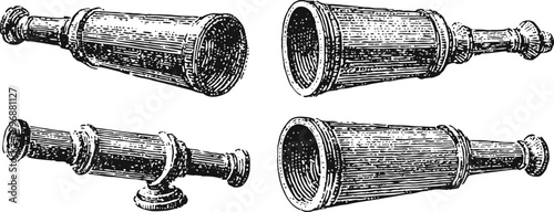 Vintage telescopes and spyglasses set antique nautical tools for observation and navigation in engraving