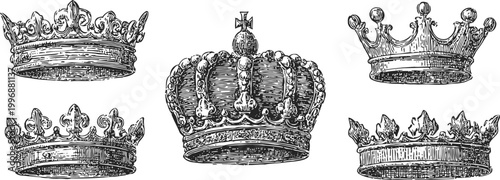 vintage hand drawn royal crowns collection antique detailed ornamental headpieces set