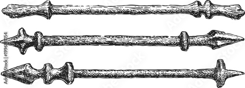 antique wooden spears with carved tips and ornamental designs, vintage tribal weapons illustration
