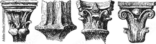 four classical architectural column capitals in vintage engraved