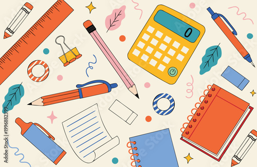 Colorful stationery set with notebooks pens calculator and pencils