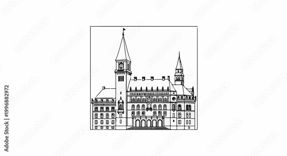 Obraz premium Ornate building with towers and arched entrance, line art