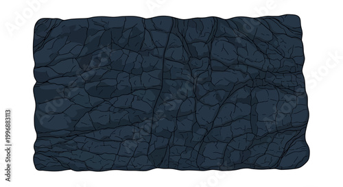 A dark blue rectangular object with a heavily wrinkled and textured surface, resembling crumpled fabric or aged leather.