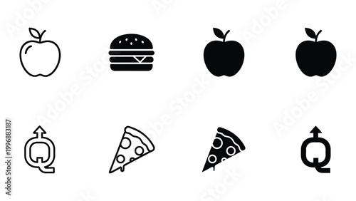 Contrast of food icons and recycling symbols in black and white line art