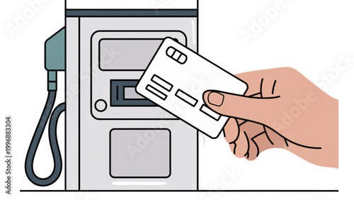 Minimal line art illustration of credit card payment at fuel station petroleum transaction concept clean outline vector set