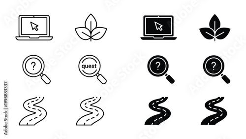 Illustrations of technology, nature, exploration, and pathways in a minimalist style