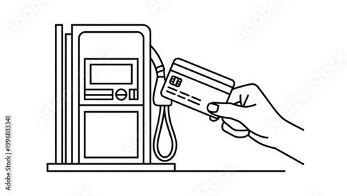 Simple linear style fuel payment with credit card at gas station petroleum purchase concept clean editable outline vector design