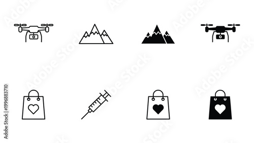 Modern icons depicting delivery, healthcare, and outdoor activities with drones and shopping bags
