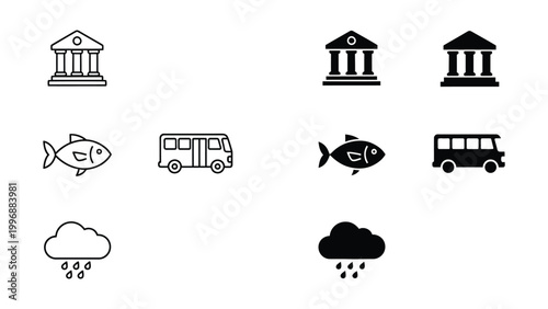 Contrasting icons depicting architectural styles, transportation, and weather conditions