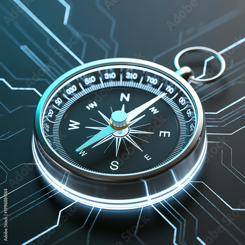 Futuristic digital compass illustrating technology and navigation with glowing circuit board background