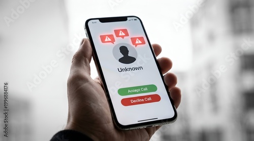 A person receiving an unknown call on their smartphone with a blurred city background