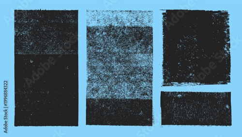 Grunge printmaking linocut texture set on sky blue background. Hand drawn x-ray effect rectangle shapes. Retro rustic stamp effect texture set. Old photo backdrop imprint silhouettes.