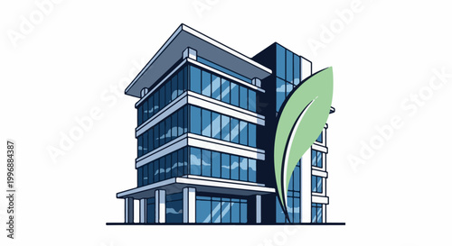 Modern glass office building with a large green leaf symbol