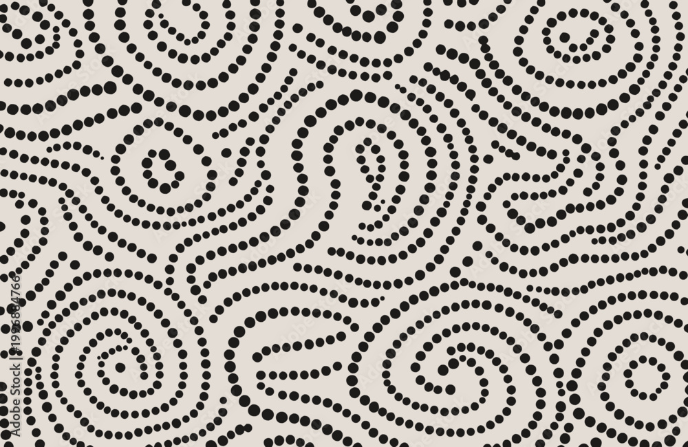 Fototapeta premium Abstract dotted pattern with swirling wavy lines and circular shapes on light gray