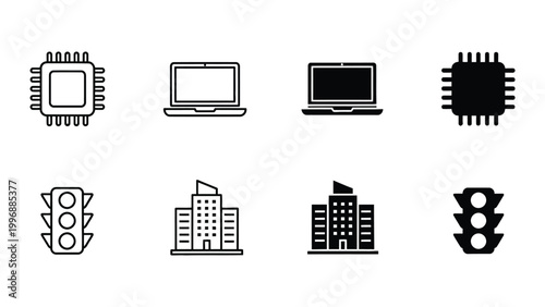 Contrast between modern technology and urban infrastructure icons