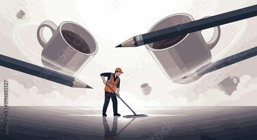 A person in a safety vest sweeps a floor while giant pencils and coffee mugs float around them in a surreal scene.