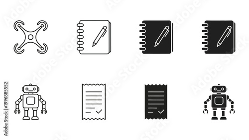 Collection of icons representing technology, education, and automation concepts