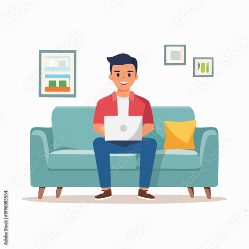 Man Working on Laptop While Sitting on Sofa