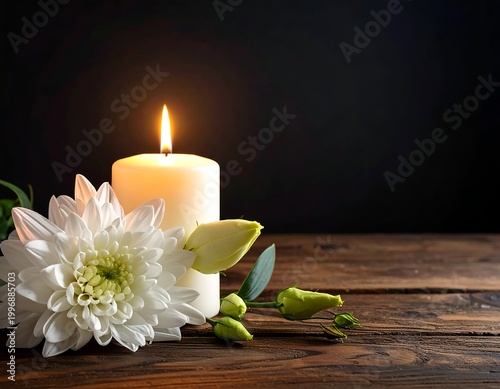 Close-up of a lit white candle next to a white flower and green buds, resting on wooden surface against black background