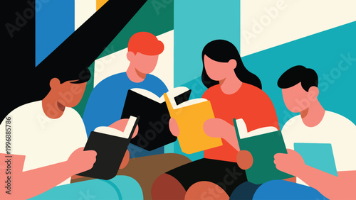 Illustration Of Students Reading Books Vector Design Template