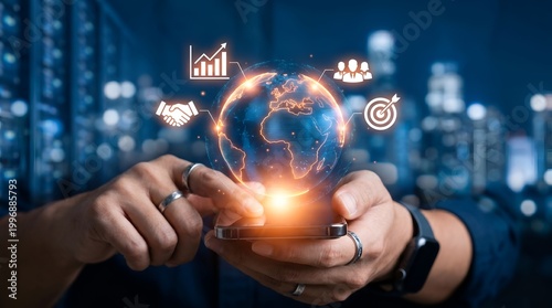 A person holding a smartphone with a glowing globe and business icons floating above it, symbolizing global connectivity and digital innovation.
