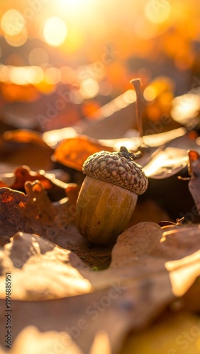 Close-up of a lone acorn nestled among fallen, vibrant autumn leaves, bathed in soft, warm sunlight with bokeh