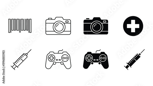 Collection of icons representing various technology and medical symbols