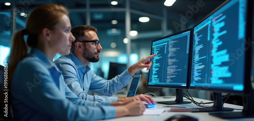Two software engineers collaborate at office desks, analyzing code on multiple computer monitors. Teamwork in tech industry, men, women programmers working on project. Data analysis, digital