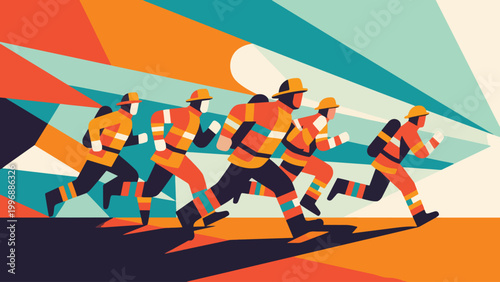Illustration Of A Team Of Firefighters Rushing Vector Design Template