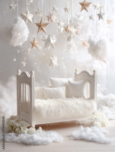 Dreamy Baby Crib Scene with Clouds and Stars Nursery Decor