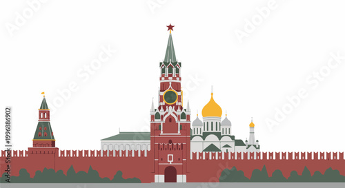 Stylized Kremlin towers and wall with golden domes against white