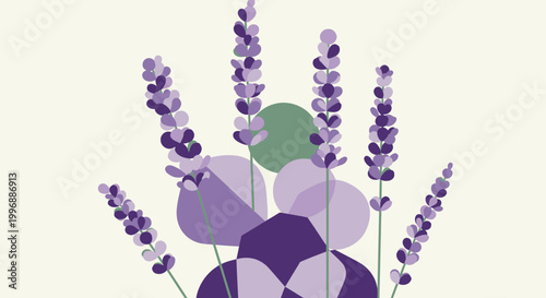 A serene and minimalist illustration featuring a cluster of elegant purple lavender flowers with abstract green and purple shapes, perfect for calm and natural designs