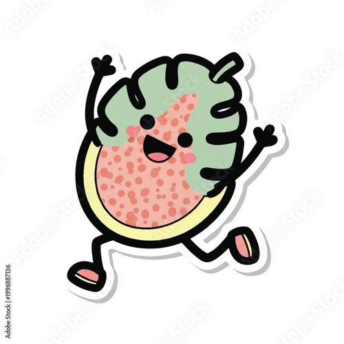 Cartoon kiwi fruit character smiling happily.