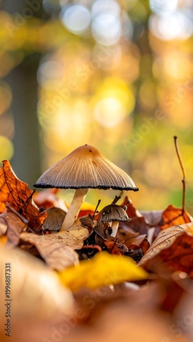 Close-up of a lone mushroom with a tan cap and white stem, amidst fallen autumn leaves with blurred forest background