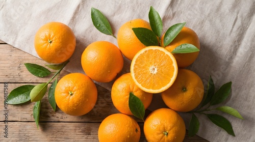 Fresh Oranges with Leaves and Half Cut Citrus Fruit Top View