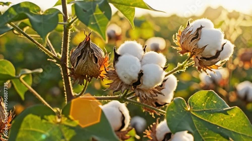 Close up view of fluffy cotton bolls on a sunny day in the cotton field with green leaves and a beautiful landscape background