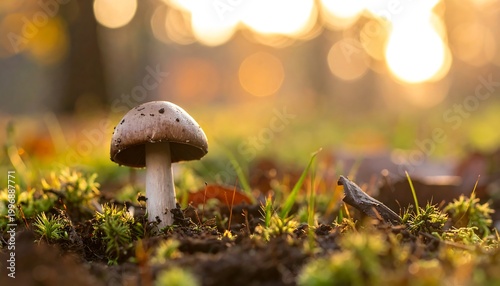 Close-up of a lone mushroom in its natural habitat, with sunlight filtering through the background, and hints of grass and moss