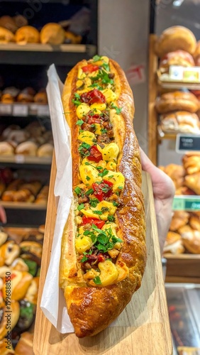 Close-up of a long, golden-brown baked pastry, filled with a creamy topping, red tomatoes, and green herbs, held on a wooden board