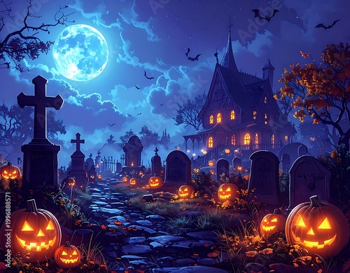 A spooky graveyard scene with jack-o-lanterns and a haunted house