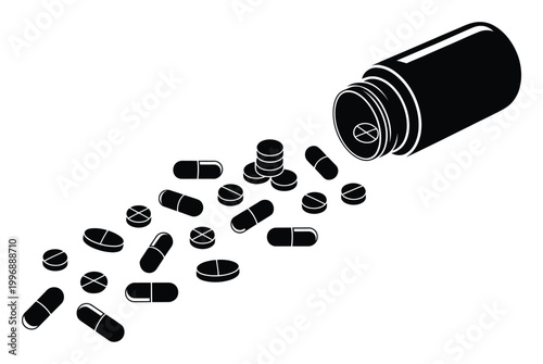Black and White of Pills and Capsules Spilling from a Bottle