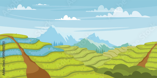 Vector illustration of beautiful Asian tea plantations. Cartoon scene, landscape with green terraced fields, hills of different sizes for growing tea leaves, mountains, fir trees, bushes, sky, clouds.
