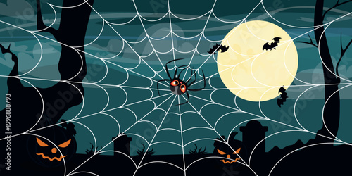 Vector illustration of gloomy Halloween landscape with cobwebs. Cartoon scene of a large cobweb with a spider in the center, full moon, trees, pumpkins with sinister carved faces, tombstones, bats.