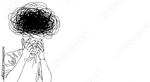 Anxious Person Covering Face with Hands Surrounded by Tangled Lines Representing Stress and Overthinking
