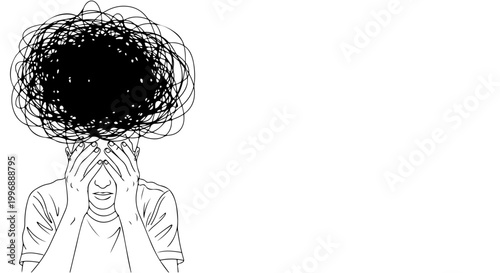 Conceptual illustration of mental health struggles and overwhelming thoughts represented by a tangled scribble above a stressed person's head