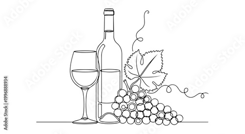 Continuous line drawing of a wine bottle, glass of wine, and grapes, symbolizing the art of winemaking and a refined drinking experience