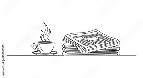 Cup of hot coffee and a stack of newspapers, daily news and morning routine